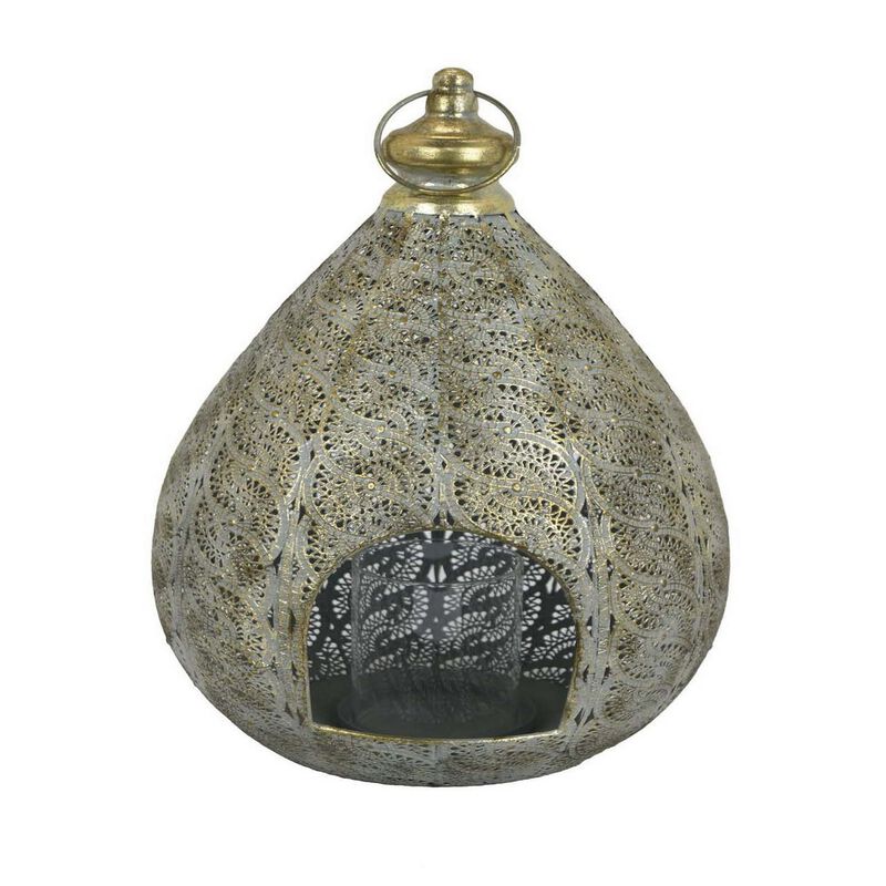 18 Inch Decorative Lantern, Embossed Design, Tear Drop Shape, Gold Metal - Benzara