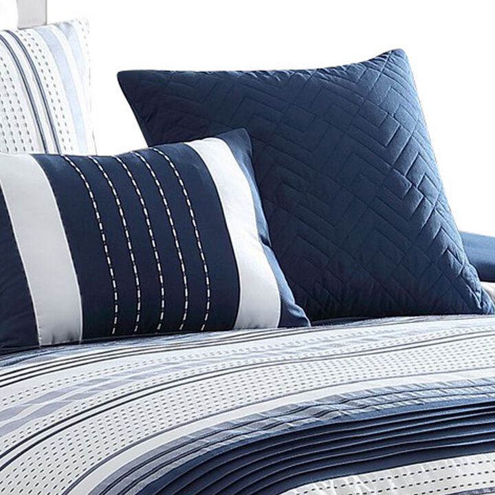 Alfa 5 Piece Queen Comforter Set, Jacquard Woven Stripes, Blue, White - Benzara