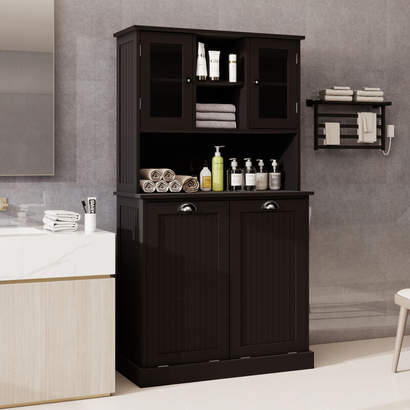 32.68 in. W. x 14.57 in. D x 59.69 in. H Black Freestanding Tilt-Out Linen Cabinet with Adjustable Shelves