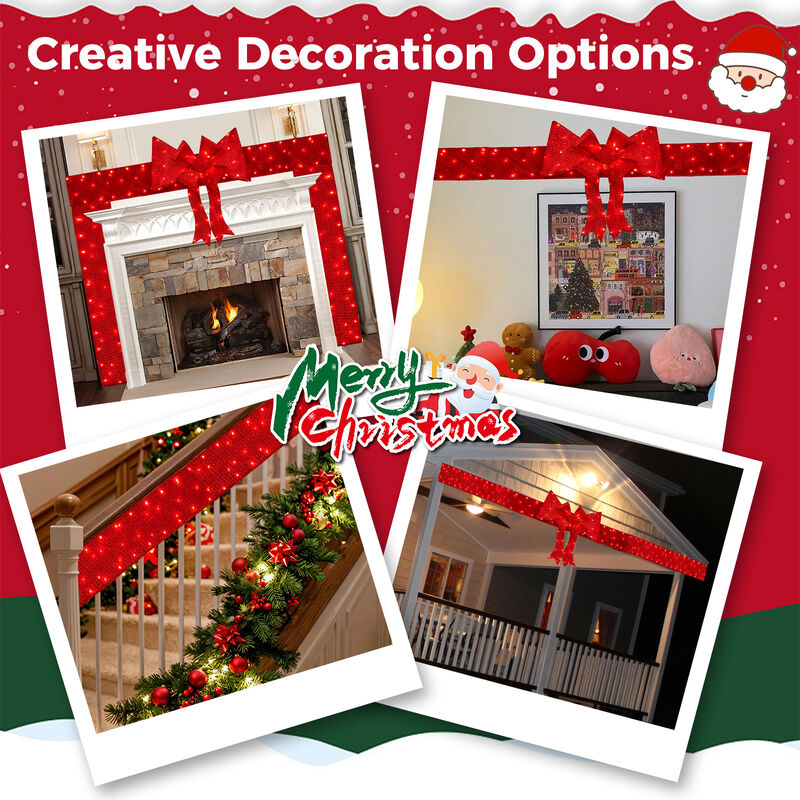 Lighted Christmas Tinsel Doorway Arch with Removable Bow for Roof Door Fireplace