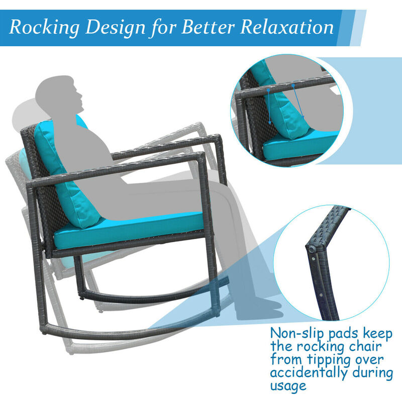 3 Pieces Cushioned Patio Rattan Set with Rocking Chair and Table-Blue