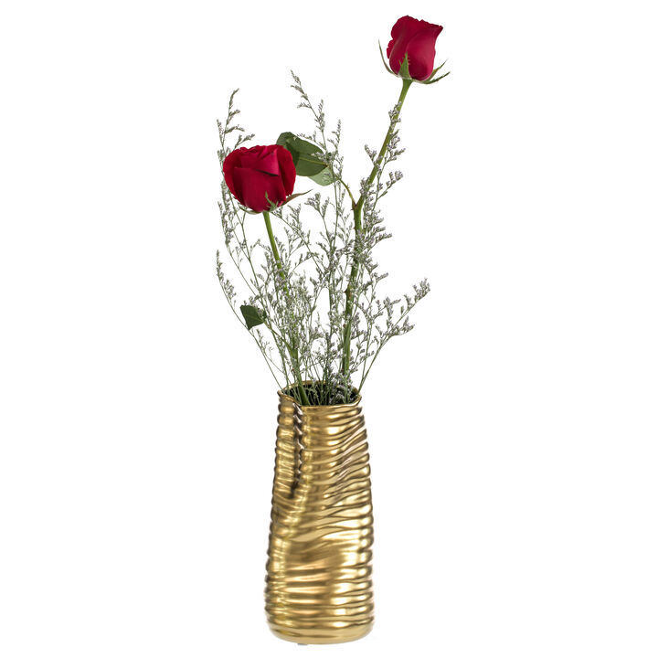 "9"" H Ceramic Bent Melted Modern Style Sculpture Table Centerpiece Flower Vase, Gold"