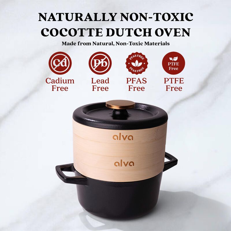 Alva Nori Enameled Cast Iron Dutch Oven with Lid & Bamboo Steamer Basket 2.5 Qt. Nonstick Stove-to-Table Enamel Coated Pot, Non Toxic, Compatible with All Stovetops, Oven Safe & Induction Safe