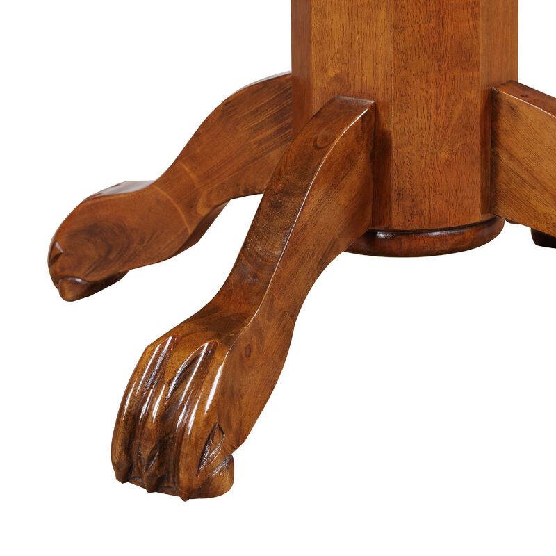 Ava 42 Inch Wood Pub Bar Table, Sunburst Design, Carved Pedestal, Walnut-Benzara