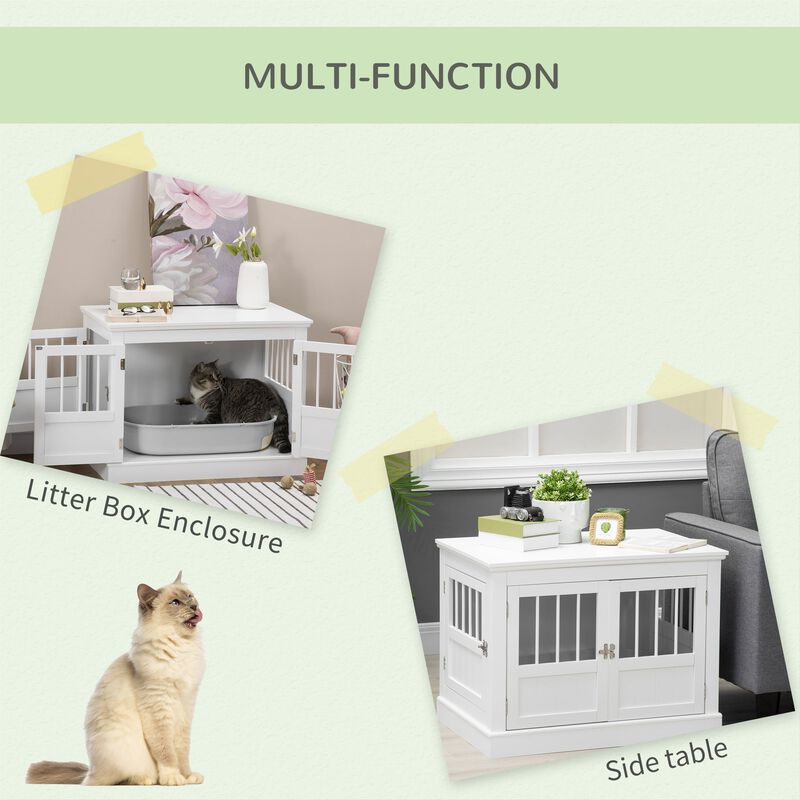 White Pet Haven: Wooden Dog Crate End Table with Triple Doors