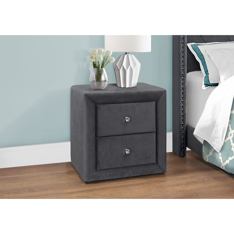 Monarch Specialties I 5607 Bedroom Accent, Nightstand, End, Side, Lamp, Storage Drawer, Bedroom, Upholstered, Velvet, Grey, Transitional