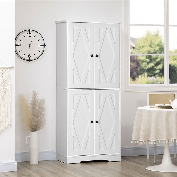 White Kitchen Organizer: 71" Farmhouse Pantry with 4 Doors & Adjustable Shelves