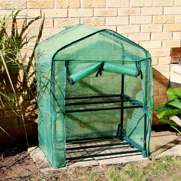 Sunnydaze 2-Tier Iron PVC Cover Mini Greenhouse and Roll-Up Zipper - Green
