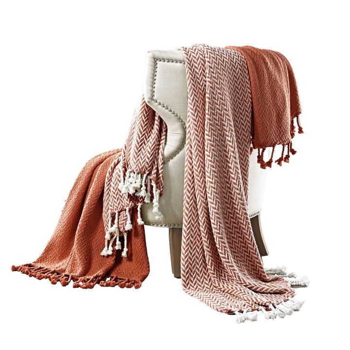 Calabria Herringbone Cotton Throw The Urban Port, Set of 2, Red and White - Benzara