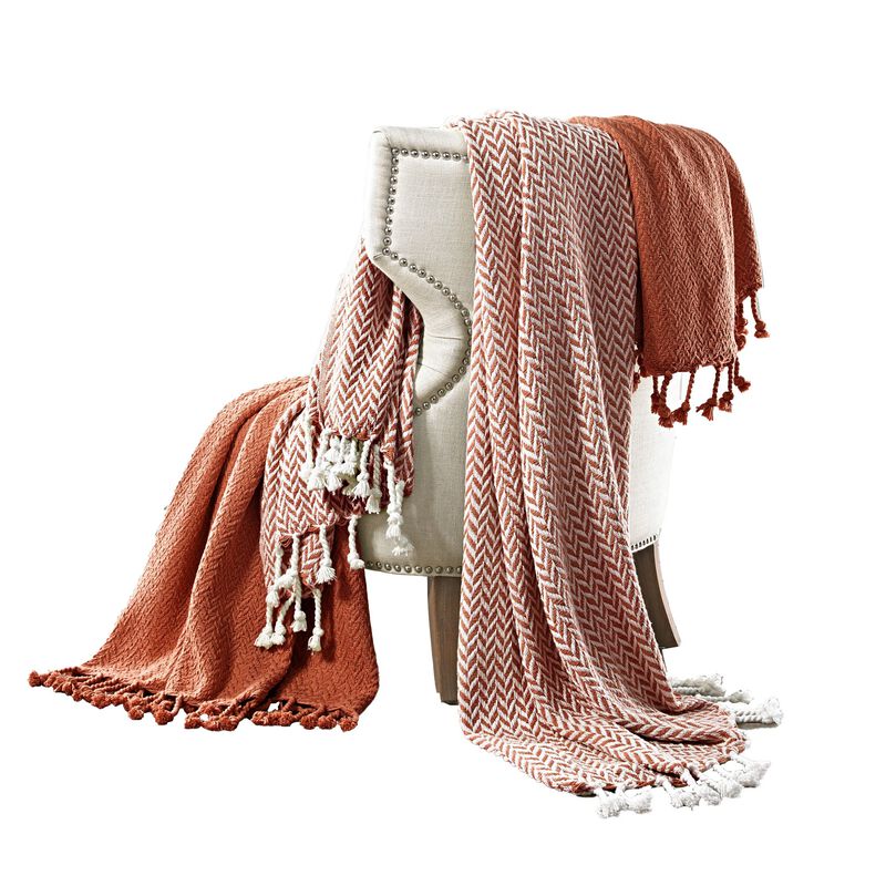 Calabria Herringbone Cotton Throw The Urban Port, Set of 2, Red and White - Benzara