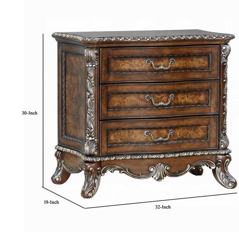 Vany Nightstand, Traditional Floral Trim, 3 Drawers, Cherry Brown - Benzara