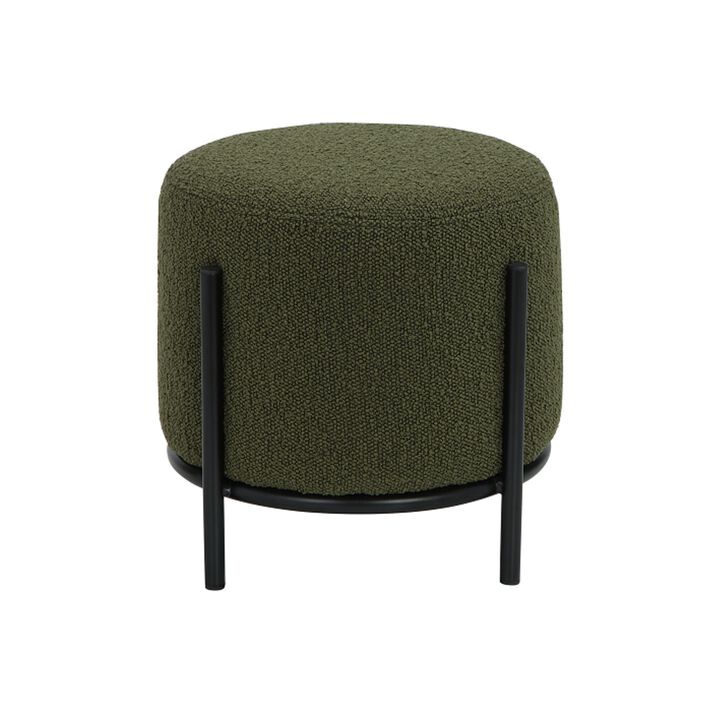 Aop 13 Inch Boucle Ottoman Stool, Round Cushioned Seat, Green Boucle, Black - Benzara