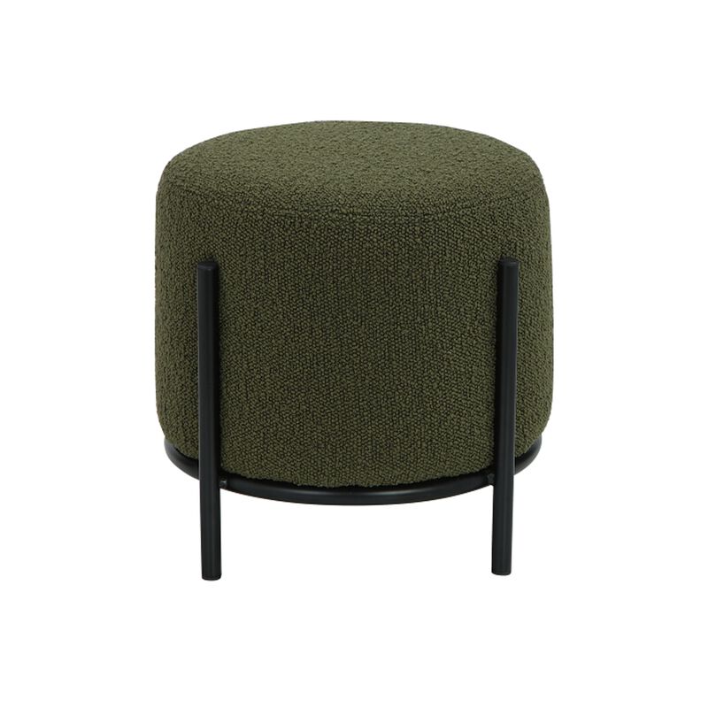 Aop 13 Inch Boucle Ottoman Stool, Round Cushioned Seat, Green Boucle, Black - Benzara