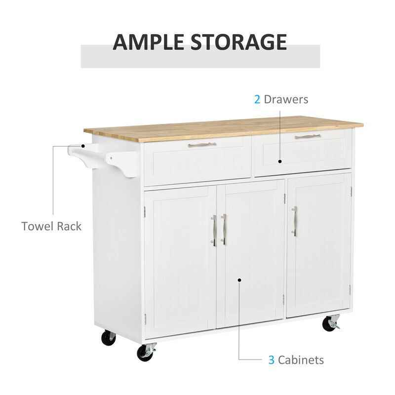White Kitchen Cart: Portable Island with Rubberwood Top and Drawers