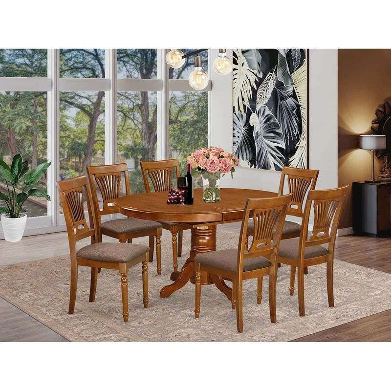 East West Furniture AVPL7-SBR-C 7 PcAvon Dining Table featuring Leaf and 6 Fabric Seat Chairs in Saddle Brown .