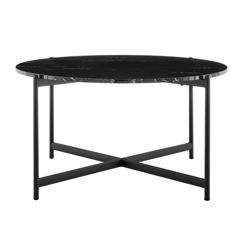 Round Contemporary Marble Finish Veneer Top Black Metal Large Coffee Table