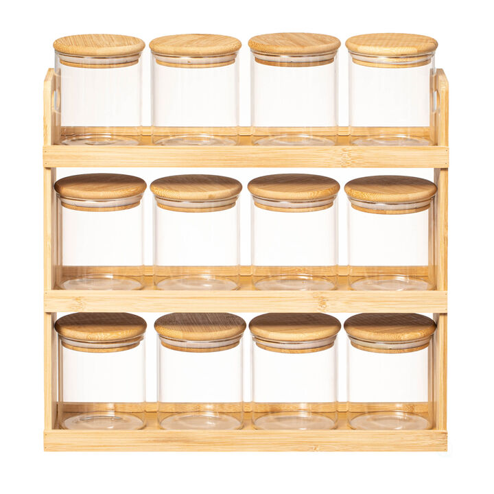 Basicwise Versatile 3-Tier Bamboo Spice Rack and Pantry Organizer with 12 Glass Jars – Perfect for Countertop Storage in Kitchens to Keep  Seasoning Containers Neatly Displayed and Easily Accessible