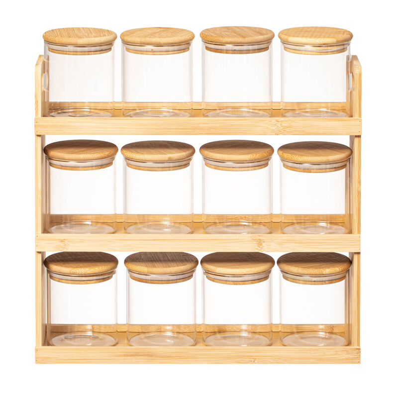 Basicwise Versatile 3-Tier Bamboo Spice Rack and Pantry Organizer with 12 Glass Jars – Perfect for Countertop Storage in Kitchens to Keep  Seasoning Containers Neatly Displayed and Easily Accessible