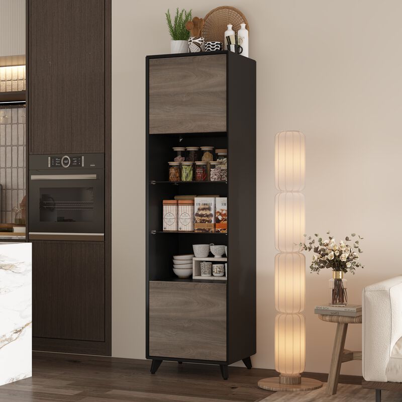 FUFU&GAGA Tall Dining Cabinet with Doors and Shelves, (18.9" W x 15.7" D x 66.9" H),Black and Brown