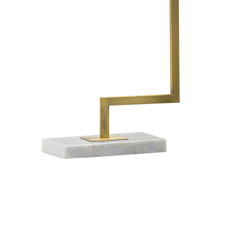 25 Inch Modern Geometric Table Lamp, Square Shade, White Marble Base, Gold-Benzara