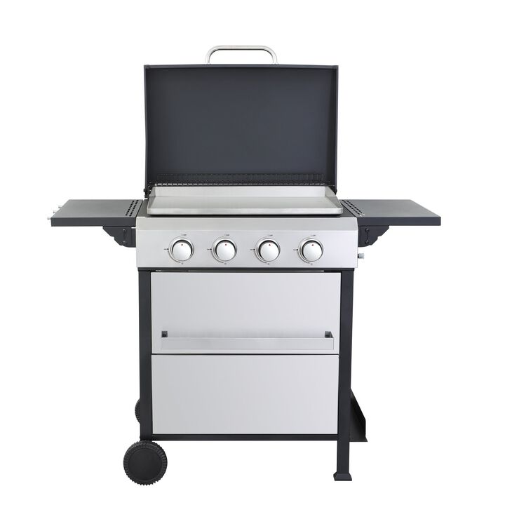 MONDAWE 4-Burner Propane Gas BBQ Grill, SS Plancha, 49200BTU Output With Wire Enamel Cooking Grids For Outdoor Barbecue, Foldable Side Table, Hanging Basket, Stainless Steel