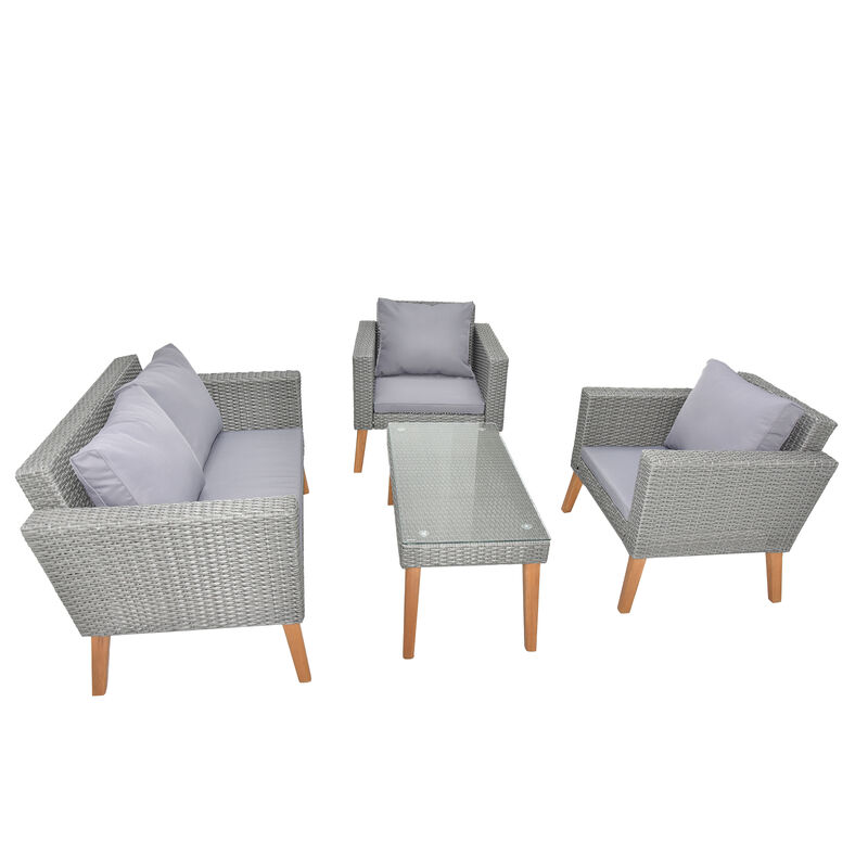 Resin Rattan and Wood Patio Set 4-Piece Conversation Furniture with Cushions