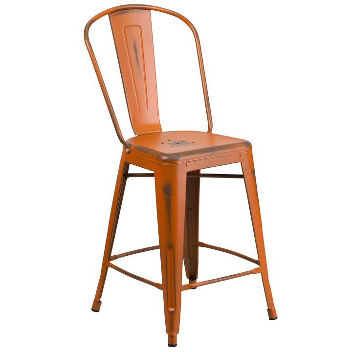 Flash Furniture Carly Commercial Grade 24" High Distressed Orange Metal Indoor-Outdoor Counter Height Stool with Back