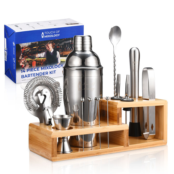 Touch of Mixology Bartender Kit - Bar Set Cocktail Shaker Set - Cocktail Kit Set - Bartending Kit - Bar Essentials for Home Bar Cart Accessories - Perfect Housewarming Gift - New Home Essentials 14 PC