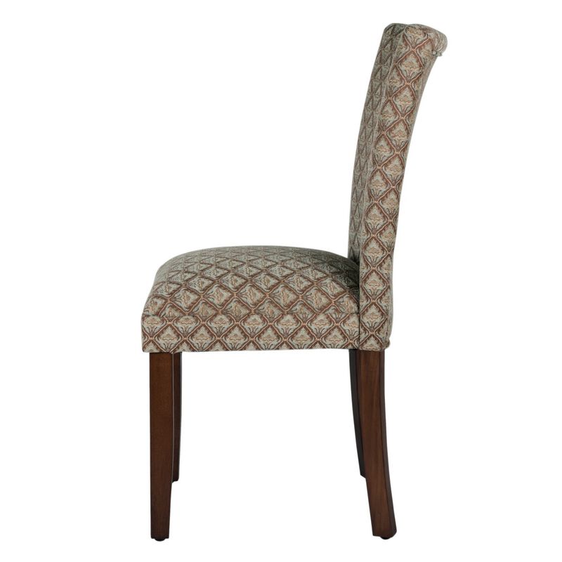 Wooden Parson Dining Chair with Damask Pattern Fabric Upholstery, Multicolor - Benzara