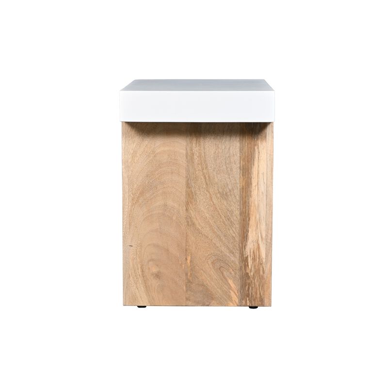 Kerry 20 Inch Rectangular End Side Table, Mango Wood, Sled Base, Glossy White, Natural Brown-Benzara