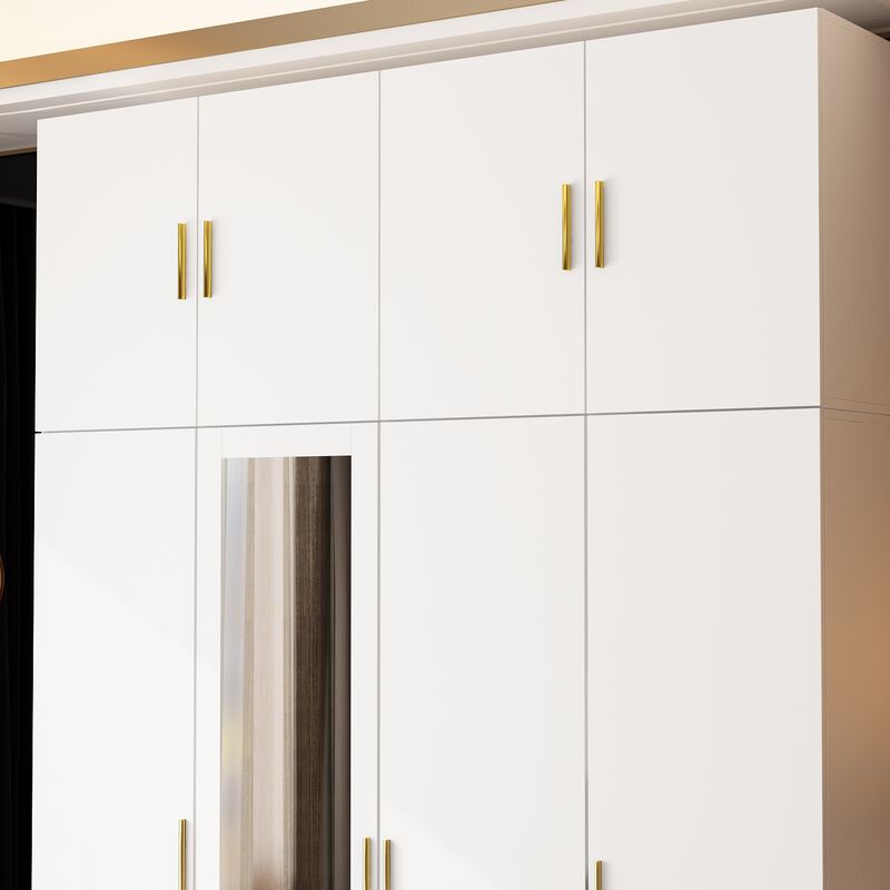 FUFU&GAGA Four-Door Wardrobe with Mirror, Top Cabinet, and Drawers (63" W x 19.7" D x 94.5" H),White