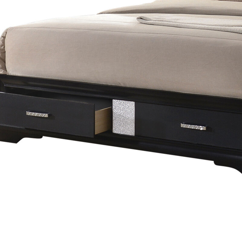 Transitional 2 Drawer Wooden Queen Size Bed with Glitter Stripe, Black-Benzara