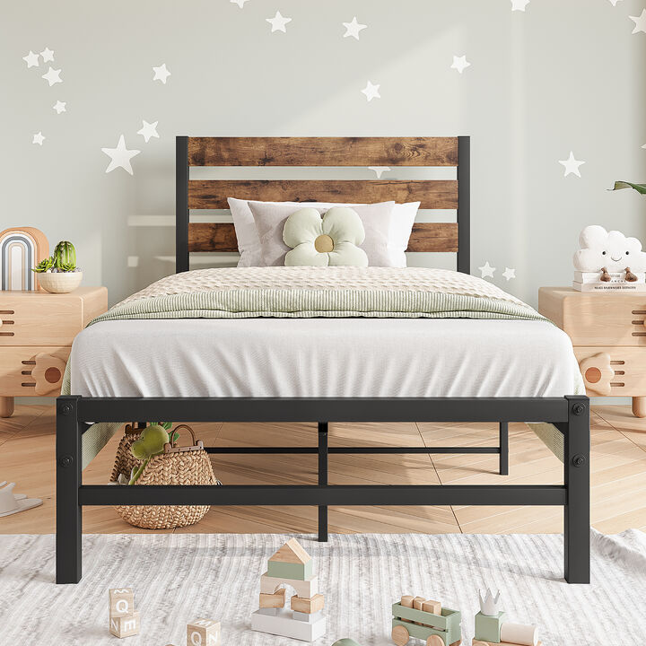 Hivvago Twin-Sized Platform Bedframe with Slats and Rustic Wooden Head Board