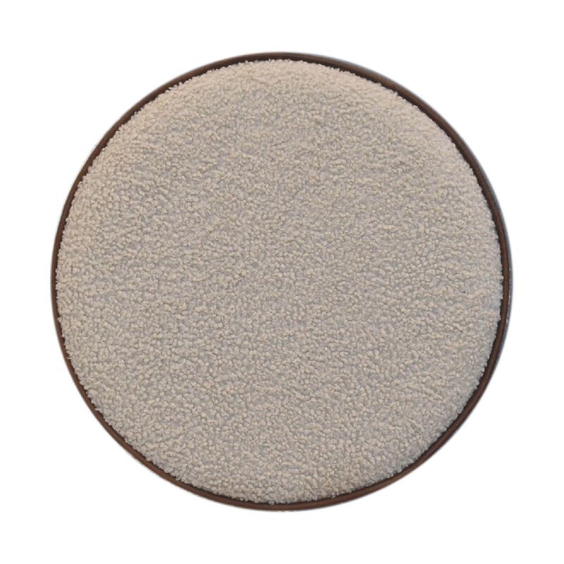 Solid Wood Boucle Round Footstool with Bufallo Leather Piping