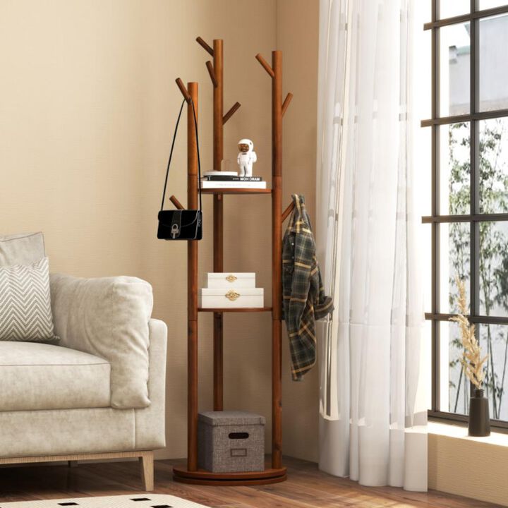 Hivvago Freestanding Wooden Coat Tree with 3 Display Storage Shelves and 9 Hooks