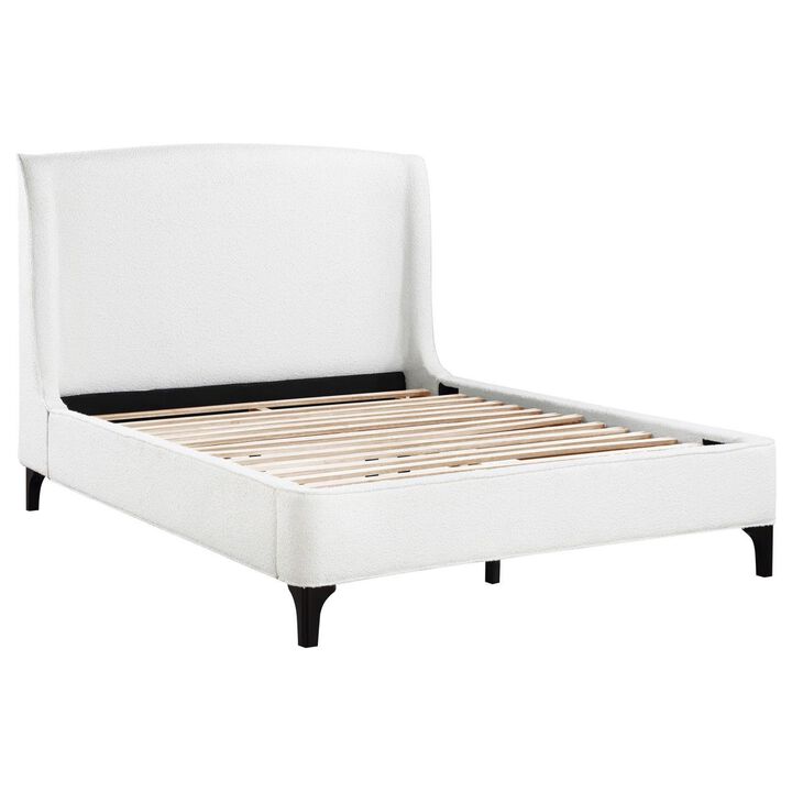 Benjara Mabe Queen Size Bed, Wingback Curved Headboard, White Fabric Upholstery