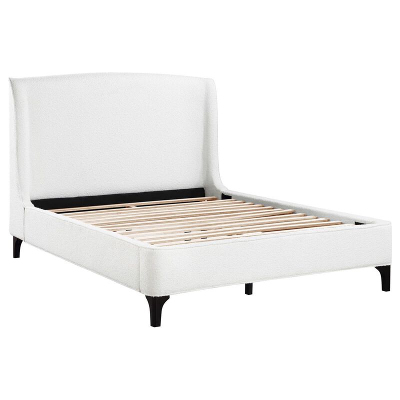 Benjara Mabe Queen Size Bed, Wingback Curved Headboard, White Fabric Upholstery