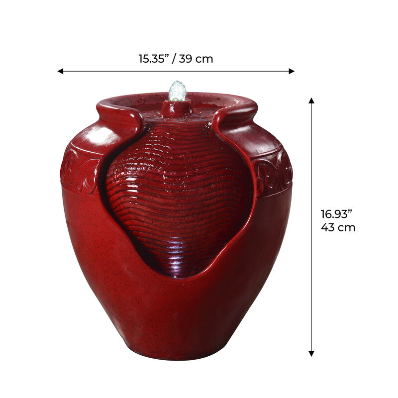 Teamson Home Outdoor Glazed Pot Floor Fountain with LED Lights, Red