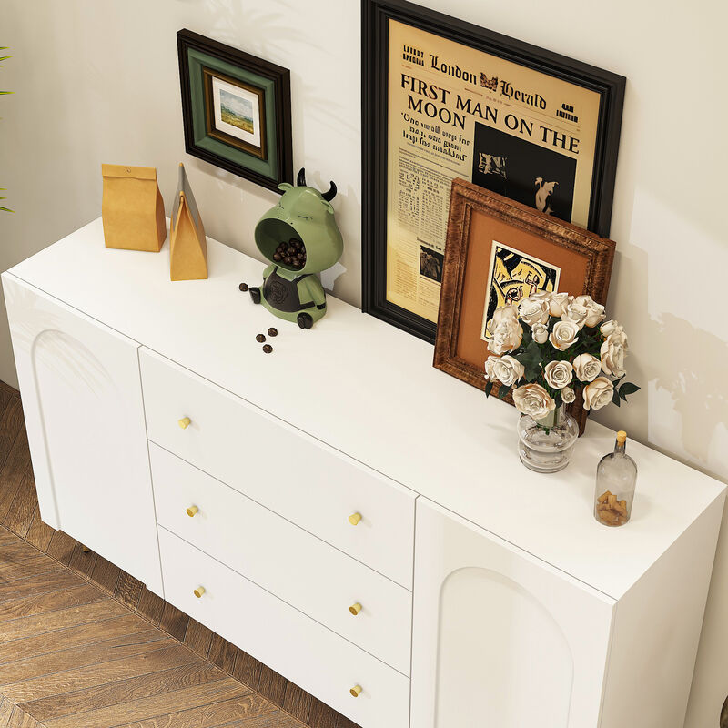 FUFU&GAGA Modern White Sideboard with Two Doors and Three Drawers, Gold Tapered Handles, and Storage Shelf (63" W x 15.7" D x 35.4" H), White