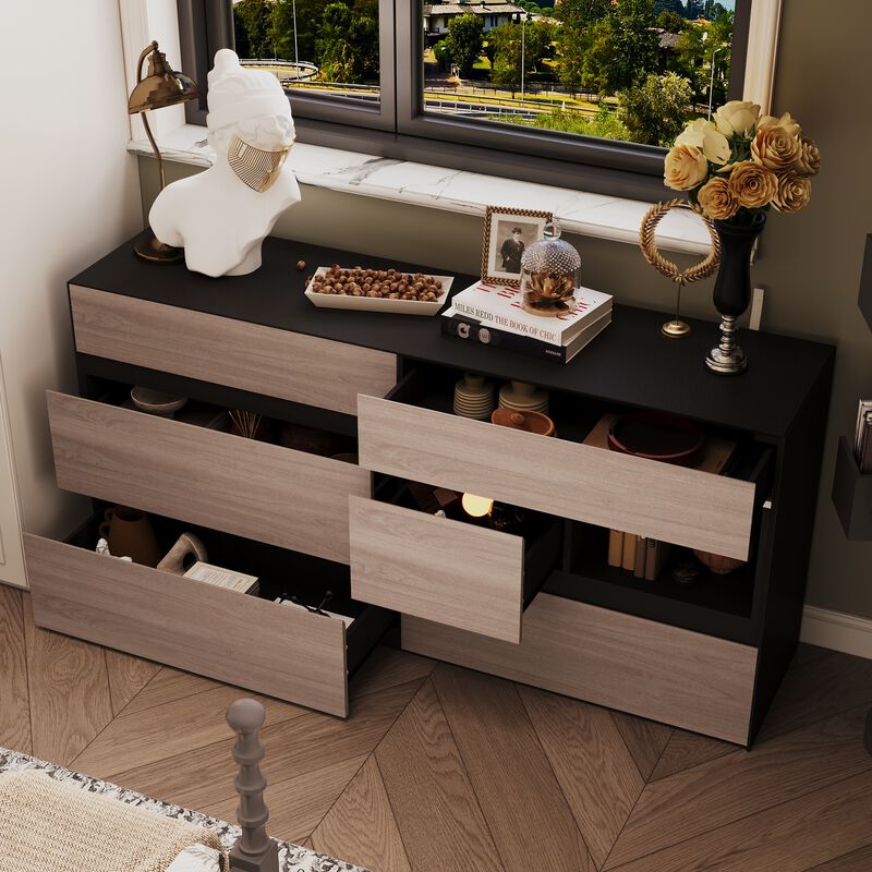 FUFU&GAGA Modern 6-Drawer Sideboard with Open Storage, Black and Rustic Wood Finish (63" W x 15.9" D x 30" H),Brown