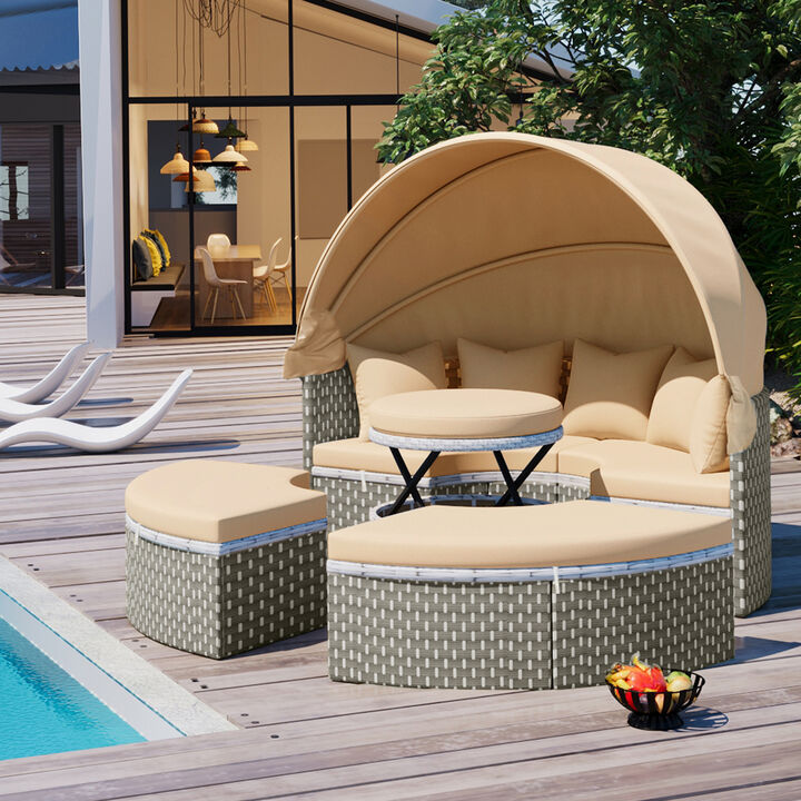 Merax Patio Furniture Round Outdoor Sectional Sofa Set Rattan Daybed