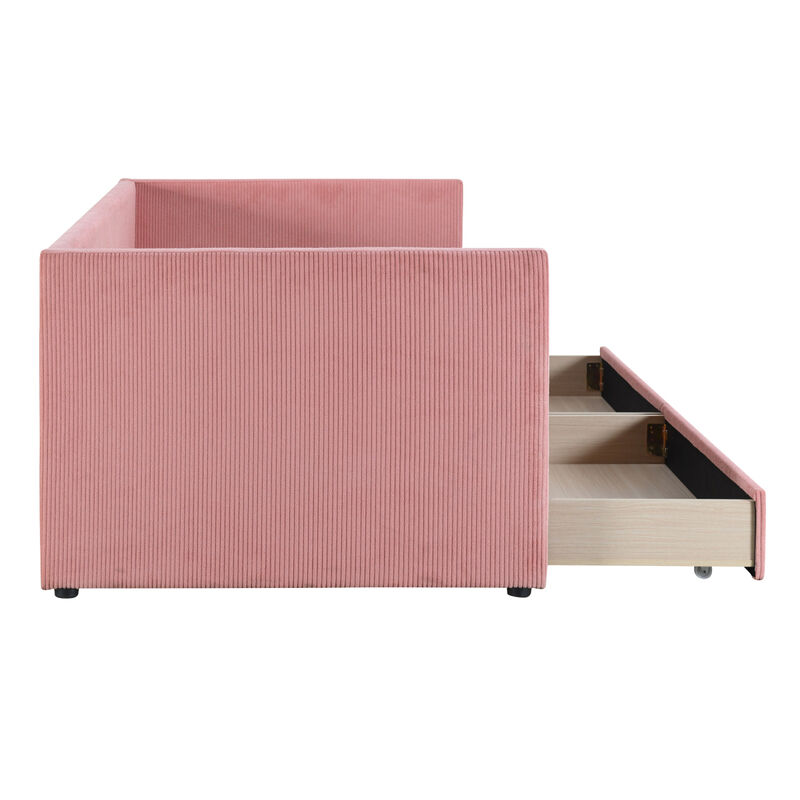Twin Size Corduroy Daybed With Two Drawers And Wood Slat, Pink