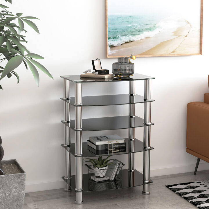 5-Tier Tempered Glass Side Table Stainless Steel Frame End Table For Living Room, Bedroom, Black