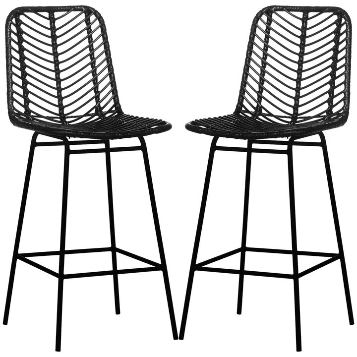 Black Rattan Barstools: Set of 2, Counter Height, Steel Legs