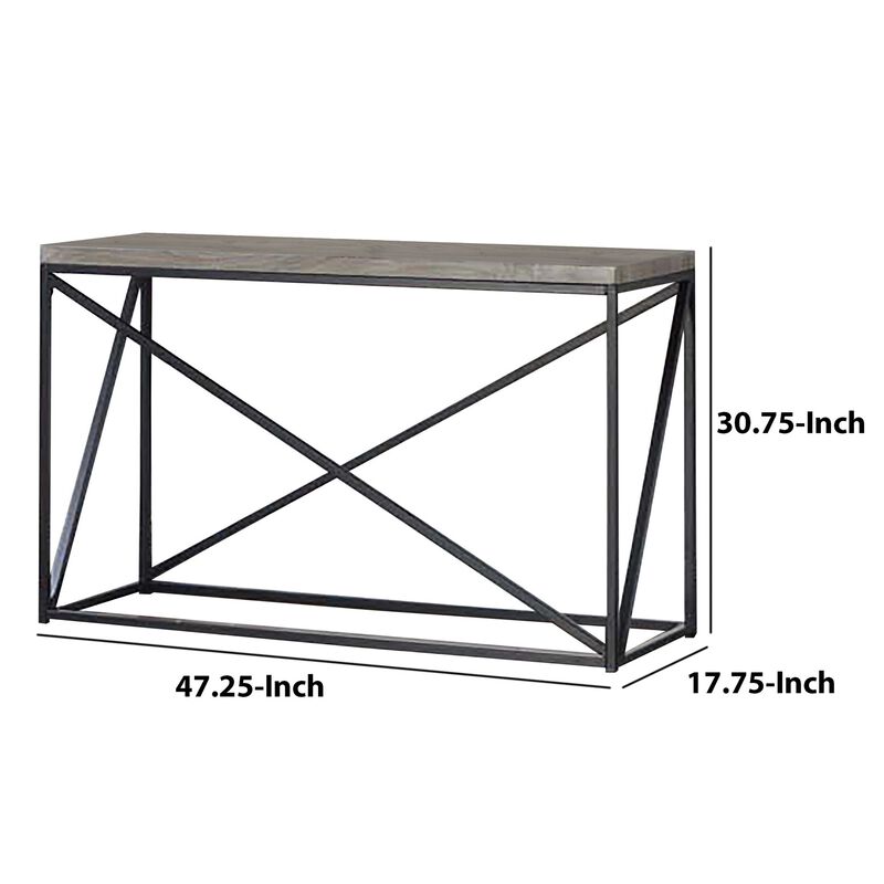 Industrial Style Minimal Sofa Table With Wooden Top And Metallic Base, Sonoma Gray-Benzara