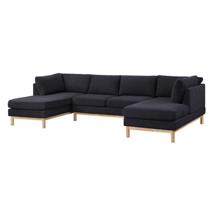 Hle 124 Inch Wide Sectional Sofa Double Chaise, U Shape, Black Sherpa, Wood - Benzara