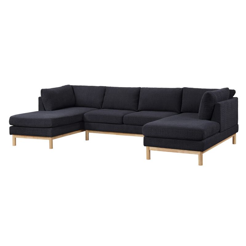 Hle 124 Inch Wide Sectional Sofa Double Chaise, U Shape, Black Sherpa, Wood - Benzara