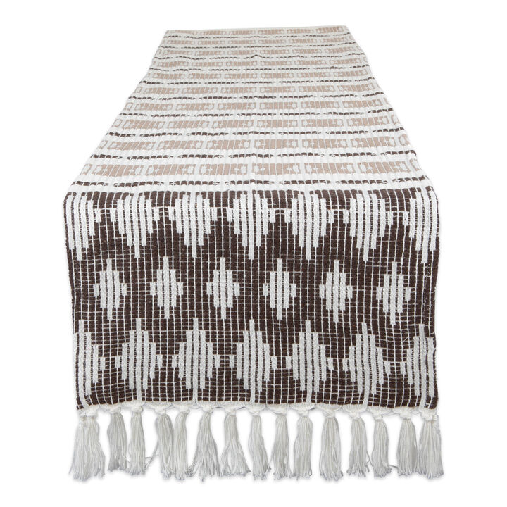 72" Brown and White Rectangular Diamond Weaved Table Runner with Tassels