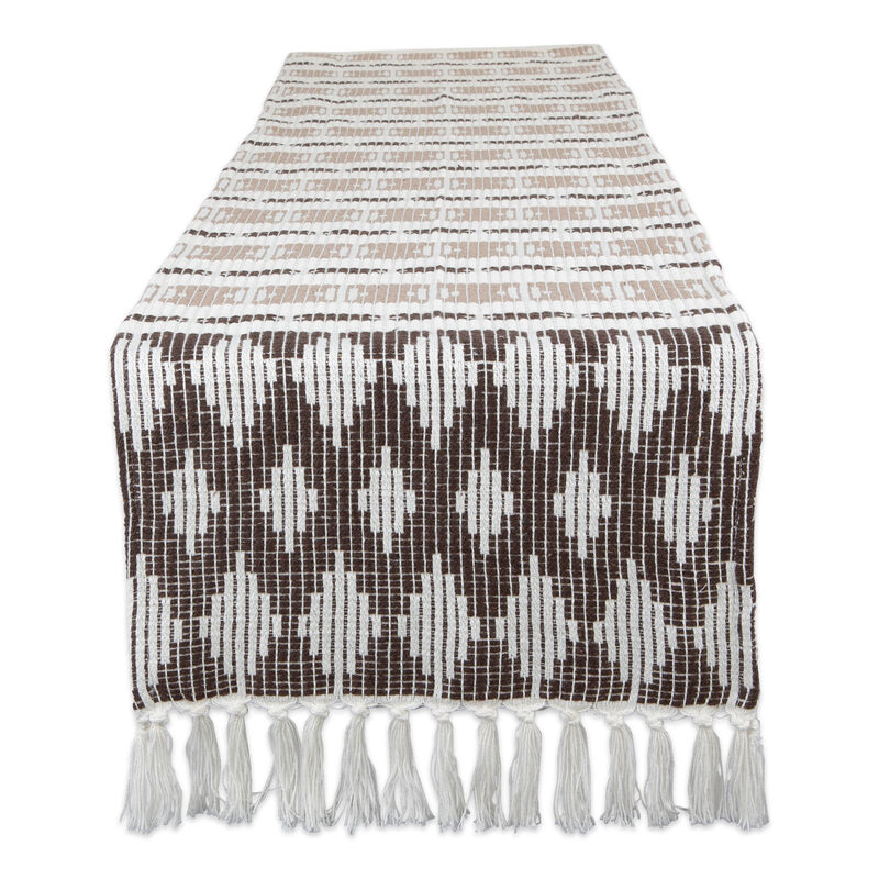 72" Brown and White Rectangular Diamond Weaved Table Runner with Tassels