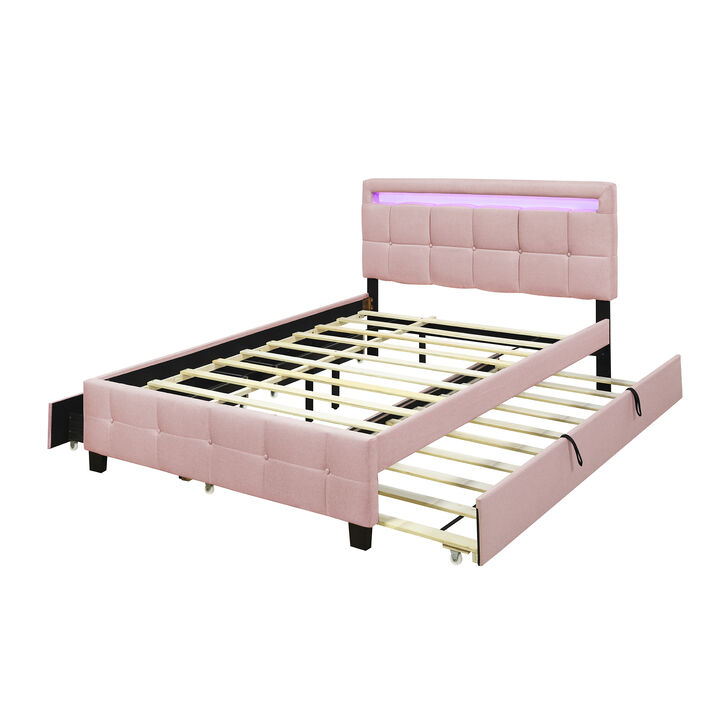 Upholstered Queen Platform Bed with LED Frame & Trundle